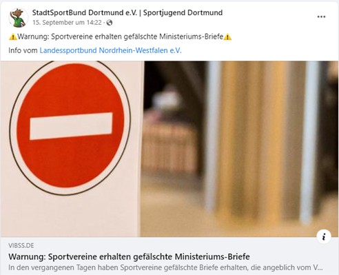 Info LSB NRW Falschmeldung an Vereine 09-2023